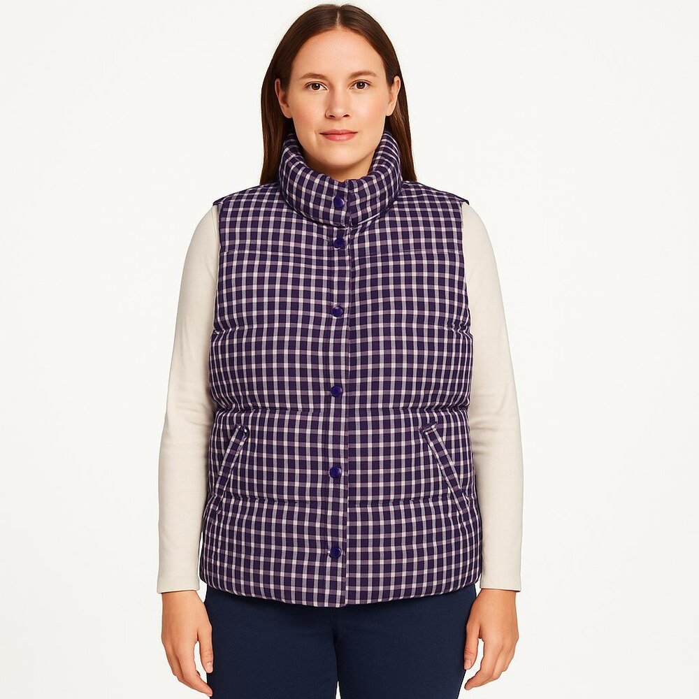 Lands' End Purple Plaid Snap Front Down Fill Puffer Vest Womens Medium 10-12 EUC